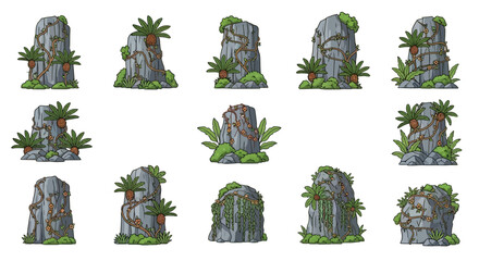 A grid of 14 illustrated grey stone monoliths adorned with climbing vines orange flowers and tropical palmlike plants © Faisal