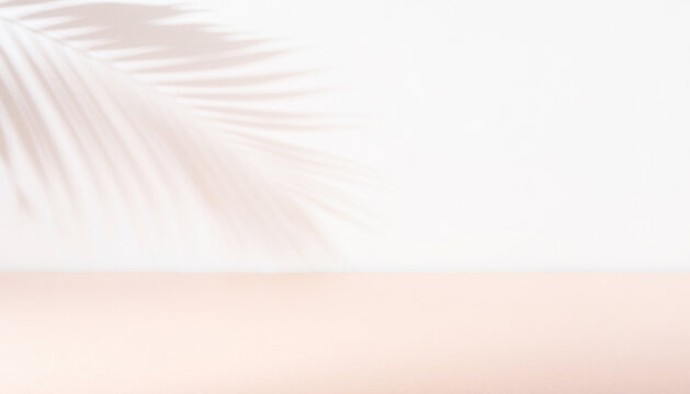 Minimalist background with soft palm leaf shadow on a white wall and neutral beige floor for product presentation mockup
