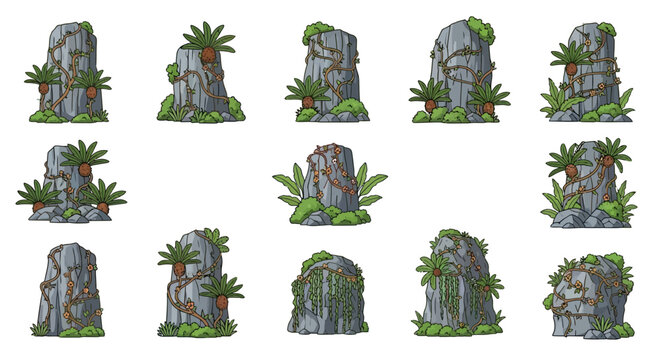 A grid of 14 illustrated grey stone monoliths adorned with climbing vines orange flowers and tropical palmlike plants