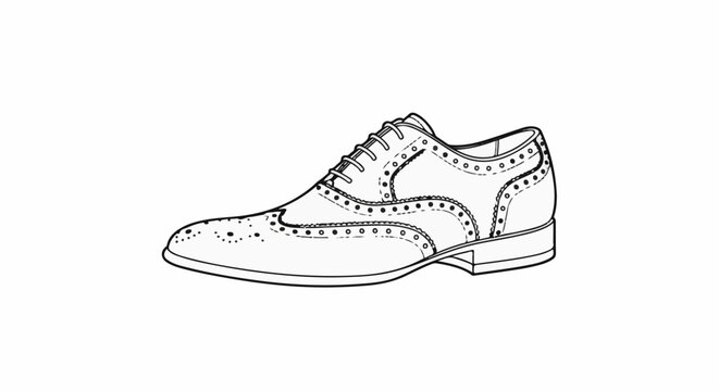 Detailed line drawing of a classic wingtip brogue oxford shoe with decorative perforations