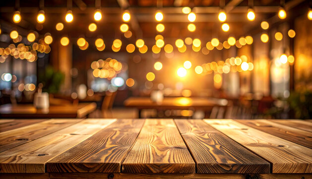 Empty rustic wooden table top in front of a blurred restaurant or bar interior with warm string lights bokeh background horizontal mockup