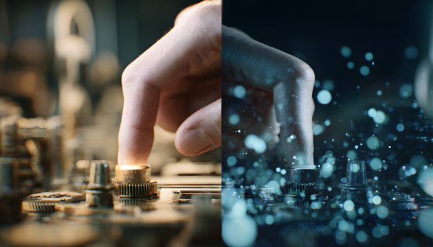 To make decisions for progress and innovation, a finger pushes an illuminated button to switch from the old way to the new way. It involves selecting a new direction.