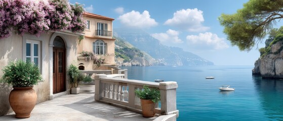 Fototapeta premium A sunny day shows a coastal scene with boats in the water, flowers blooming, and a village against the mountains