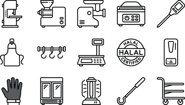 Eid ul Adha Halal Meat Processing Line Icons &ndash; Qurbani Butcher Equipment, Food Industry Kitchen Tools Vector Set