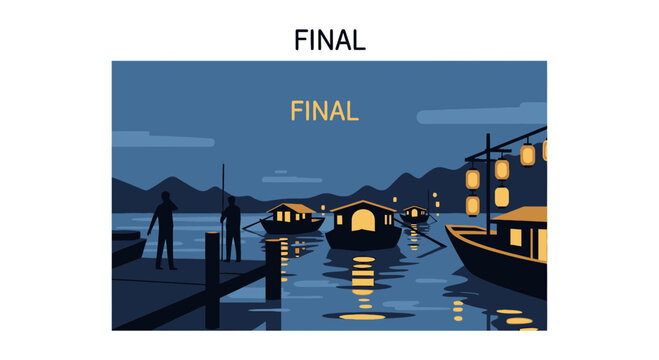 Traditional boats with glowing lanterns at night digital illustration