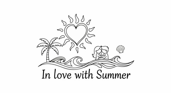 A heartwarming illustration of a couple embracing amid waves with a heart-shaped sun