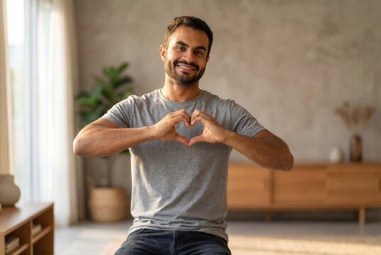 Young man smiling at home making a heart shape with hands