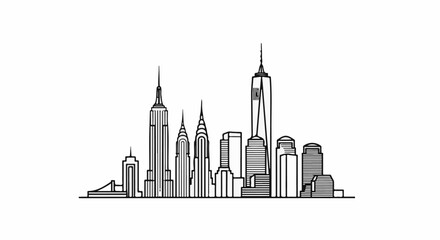 Obraz premium Stylized black and white line drawing of a city skyline at dawn