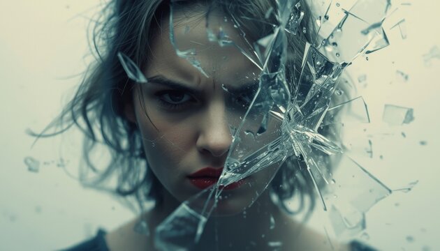 There is a close up of a woman ' s face behind a broken glass