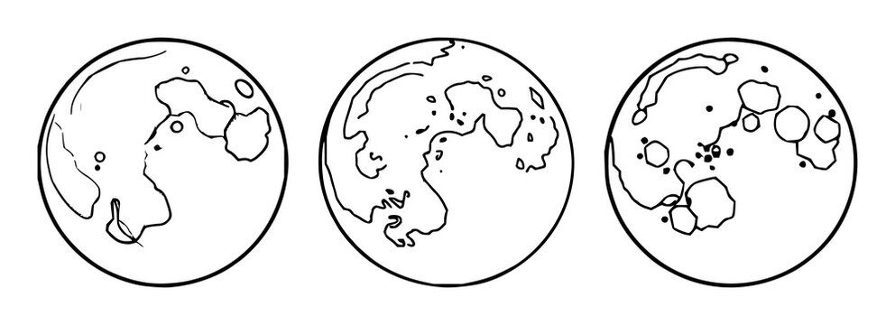 Moon set with simple black line art circles and arcs featuring celestial, astronomy, illustration with moon phases and lunar surface