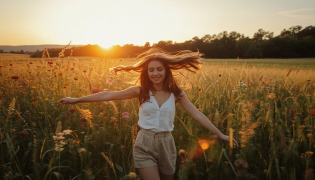 There is a woman that is walking through a field of flowers