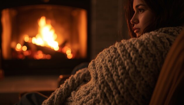 There is a woman that is sitting in front of a fire