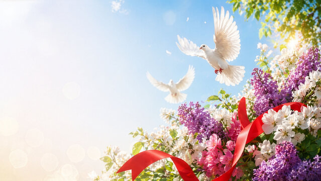 Two white doves flying over spring flowers and a red ribbon against a sunny blue sky