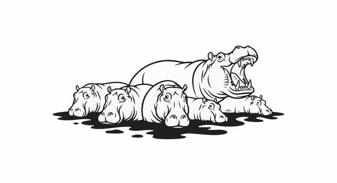 Artistic depiction of hippos in water, one yawning widely with others close by