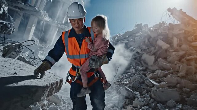 Male emergency service worker in a hard hat and uniform carrying a rescued girl away from the rubble of a collapsed building after a devastating natural disaster like an earthquake or bombing
