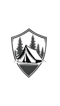Camping Badge Logo Design Featuring Tent and Trees in Shield Shape for Outdoor Adventure Enthusiasts
