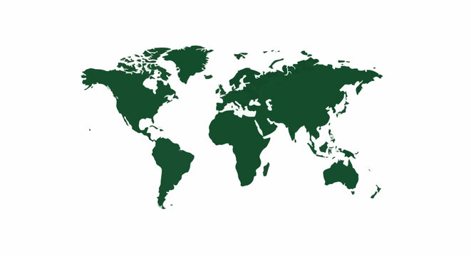 A stylized, flat map projection of the Earth, with continents colored in dark green on a white background