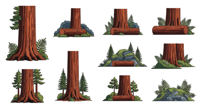 An assortment of flat illustrated redwood tree stumps fallen logs mossy rocks and surrounding evergreen foliage