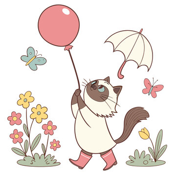 Vector illustration of a Loving Birman with with a balloon, styled in a Spring theme using Blooming Renewal colors