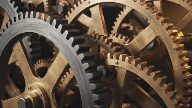 Close-up of interlocking metal gears, industrial machinery, mechanical engineering, abstract background