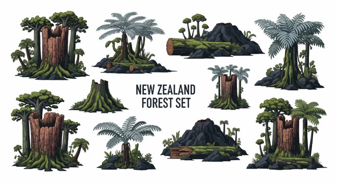 An illustration set of New Zealand forest elements featuring tree stumps silver ferns volcanic rock formations and logs