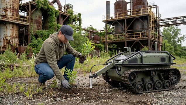 Engineer and agricultural robot planting tree at an industrial site.