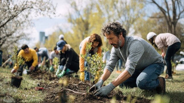 Diverse group of volunteers planting trees in urban park, bright spring day, authentic candid expressions, sustainability community action theme, professional stock photography