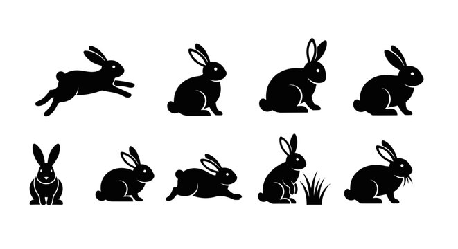 Black silhouettes of several rabbits running.