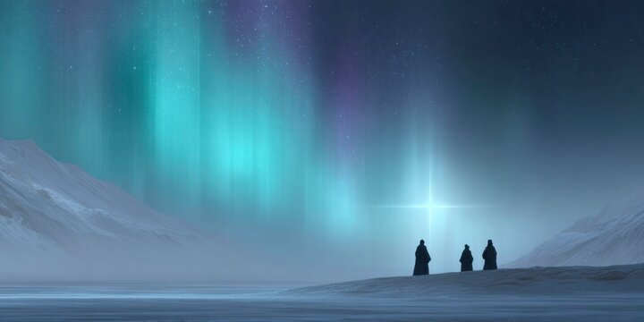 three person in the desert, looking at a bright star, northern lights, turquoise and black colors