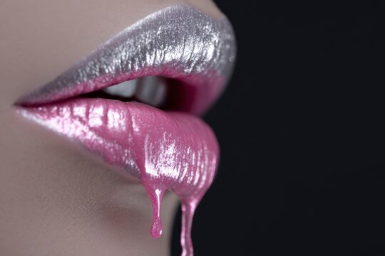 black background, silver lips with pink lipstick dripping from the bottom of her mouth