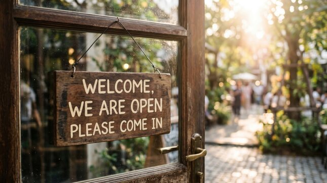 Welcome sign on wooden door, open business entrance, rustic outdoor decor