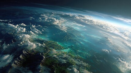 Obraz premium Dramatic above-cloud aerial landscape showing the Earth's curvature with vast green continent below, atmosphere glowing at the edges, realistic but 