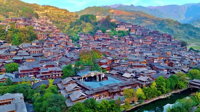 Panoramic Landscape Drone View at Miao Village in Guizhou China at Day Time