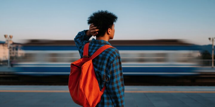 Young person observing passing train from station platform