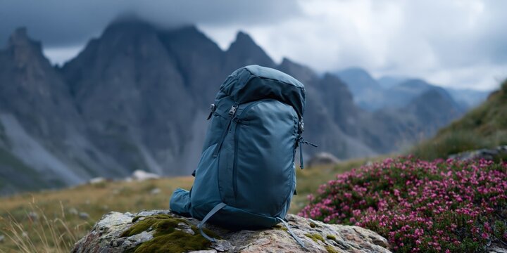Blue backpack standing near alpine flowers on hillside