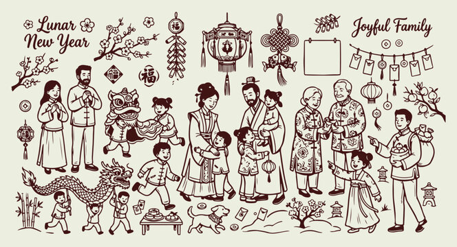 Minimal hand drawn Asian cultural festival, Expressive brush line traditional market sketch, Clean layout ethnic celebration doodle, Rough sketch style community gathering illustration, High negative 