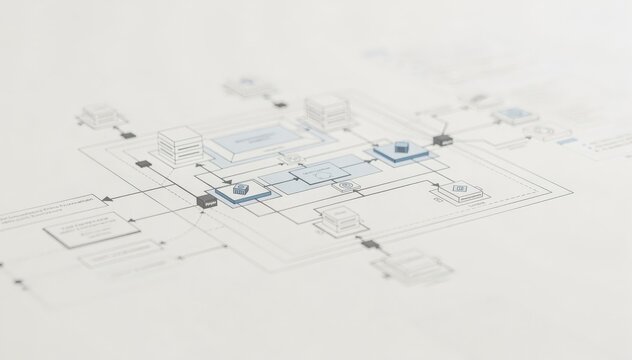Medium shot featuring a hybrid layout diagram of immutable infrastructure central blueprint in sharp focus while the edges fade into soft blur.