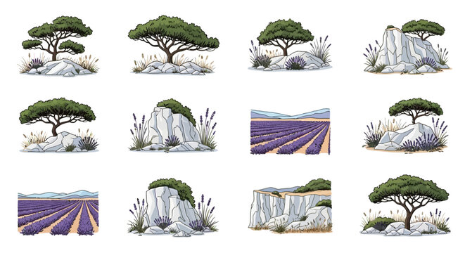 Twelve illustrated vignettes featuring Mediterranean scenery with pine trees white rocky formations lavender bushes and lavender fields