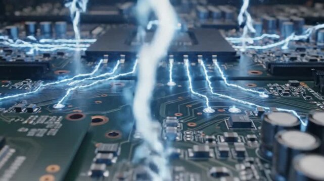 Futuristic Circuit Board with Electric Energy Flowing Through Components