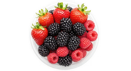 Obraz premium Fresh strawberries, blackberries and raspberries in a clear plastic bowl isolated on transparent background
