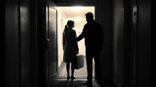 Silhouette of woman leaving with suitcase while man stands in doorway in dim hallway. Concept of breakup, divorce, family conflict, separation, loneliness, and emotional stress. Generative AI.