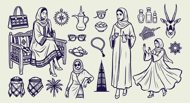 Muslim woman in traditional abaya, Minimal hand drawn Islamic fashion, Expressive brush line Middle Eastern sketch, Clean layout modest apparel illustration, High negative space cultural lifestyle dra