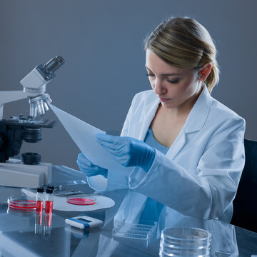 Woman european female scientist with microscope reviewing lab notes next to petri dishes