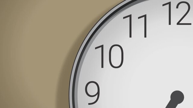 Close up of an Animated illustration of an Analog wall clock spinning animation through the hours on a brown background
