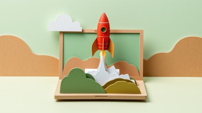 Paper rocket launching from open laptop. Green hills, clouds create whimsical scene. Bright colors, simple design.