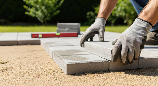 Worker laying concrete pavers on sandy ground in a garden, using a level tool for alignment and ensuring proper placement
