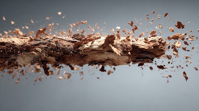 Abstract macro photograph of a fragmented piece of wood against a grey backdrop.