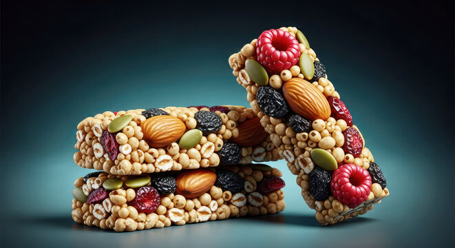 Granola bars stacked with nuts, seeds, and dried fruits on a dark background, showcasing vibrant colors and textures of healthy snacks