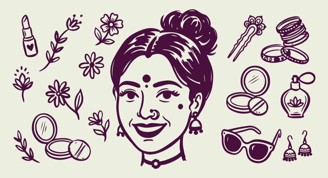 Hand drawn Indian woman portrait doodle, Minimal brush line ethnic beauty sketch, Expressive strokes traditional face illustration, Clean layout cultural heritage drawing, Rough sketch style bindi and