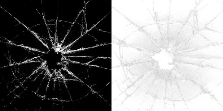 Shattered glass with cracks radiating from the center on a transparent background